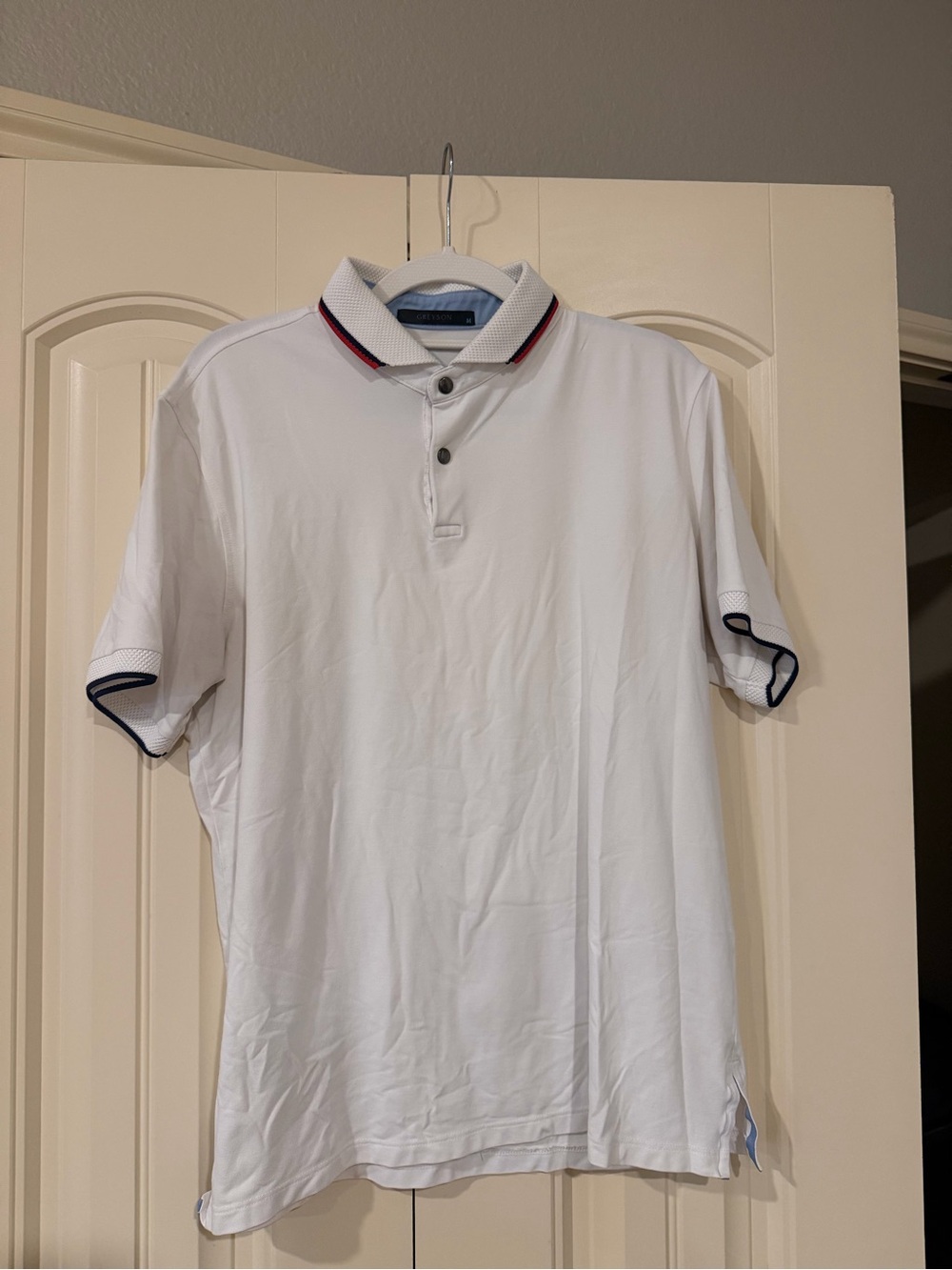 Greyson White Polo with Navy and Red Trim